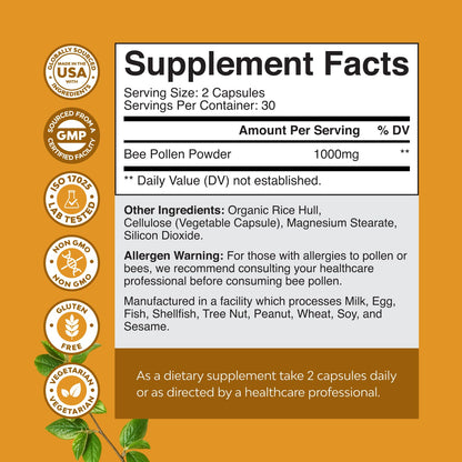 Bee Pollen Pills 1000mg (60ct) – Breast Growth Support – Vegetarian, Non-GMO & Gluten Free