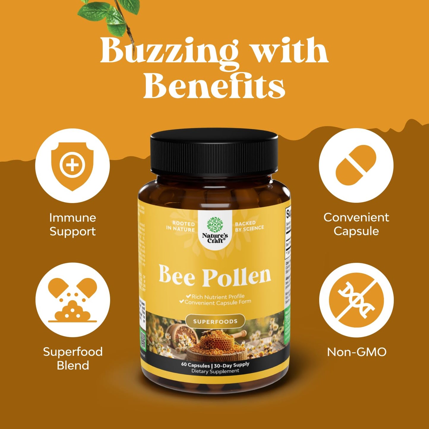 Bee Pollen Pills 1000mg (60ct) – Breast Growth Support – Vegetarian, Non-GMO & Gluten Free