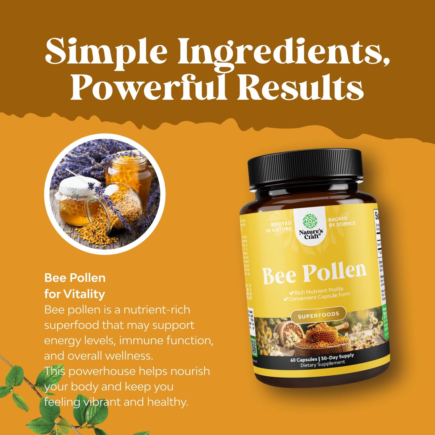 Bee Pollen Pills 1000mg (60ct) – Breast Growth Support – Vegetarian, Non-GMO & Gluten Free