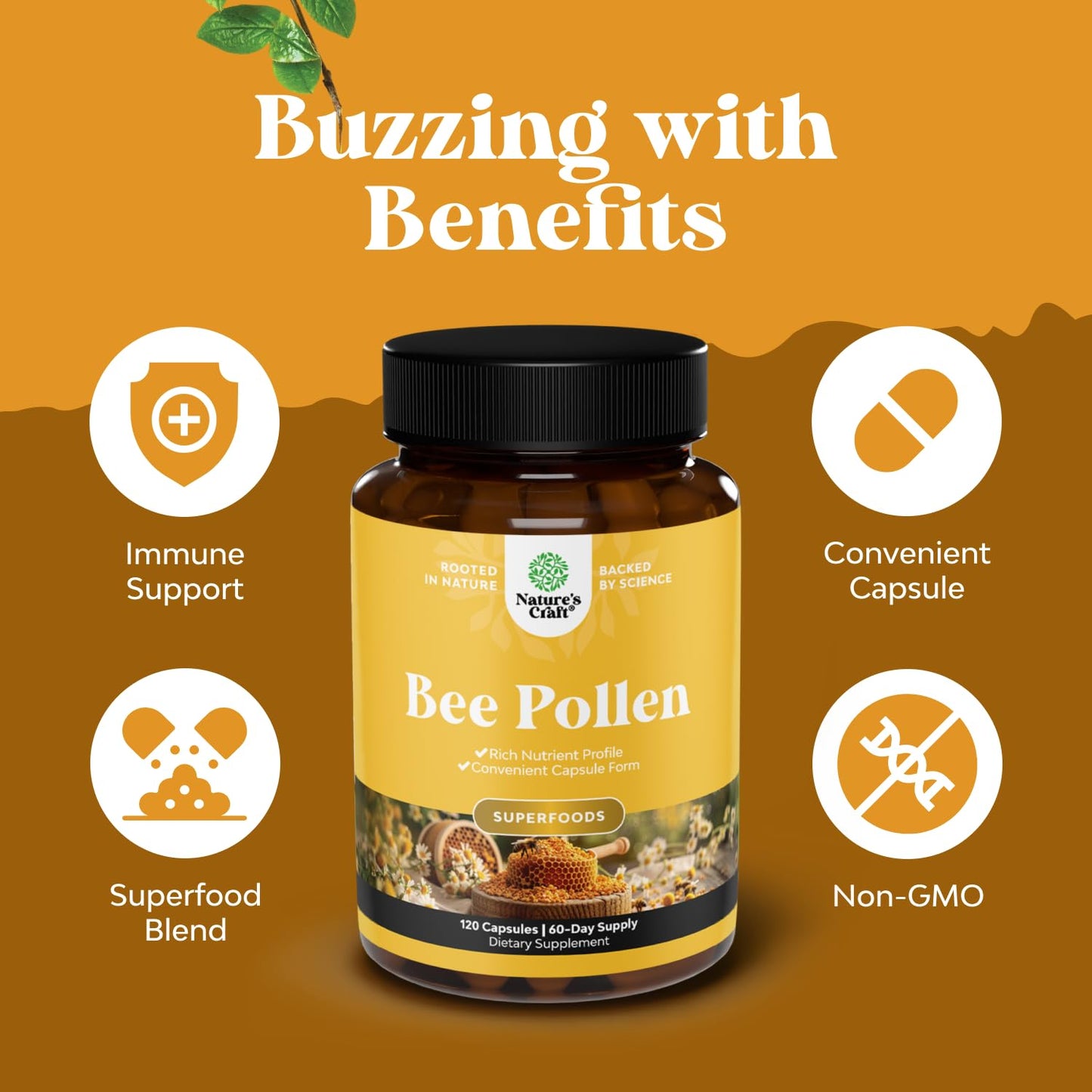 Bee Pollen Pills for Breast Growth - 120 Ct, 1000mg Serving | Vegetarian, Non-GMO, Gluten Free