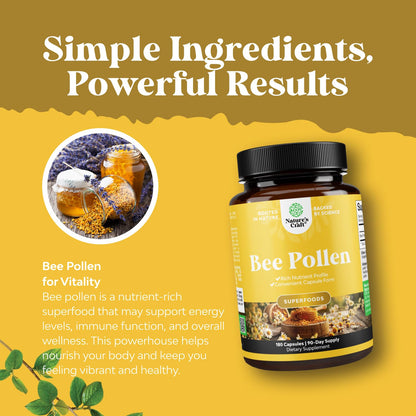 Bee Pollen Pills for Breast Growth - 180 Count, 1000mg | Bee Pollen Supplement with B Vitamins, Minerals & Enzymes | Vegetarian, Non-GMO & Gluten Free