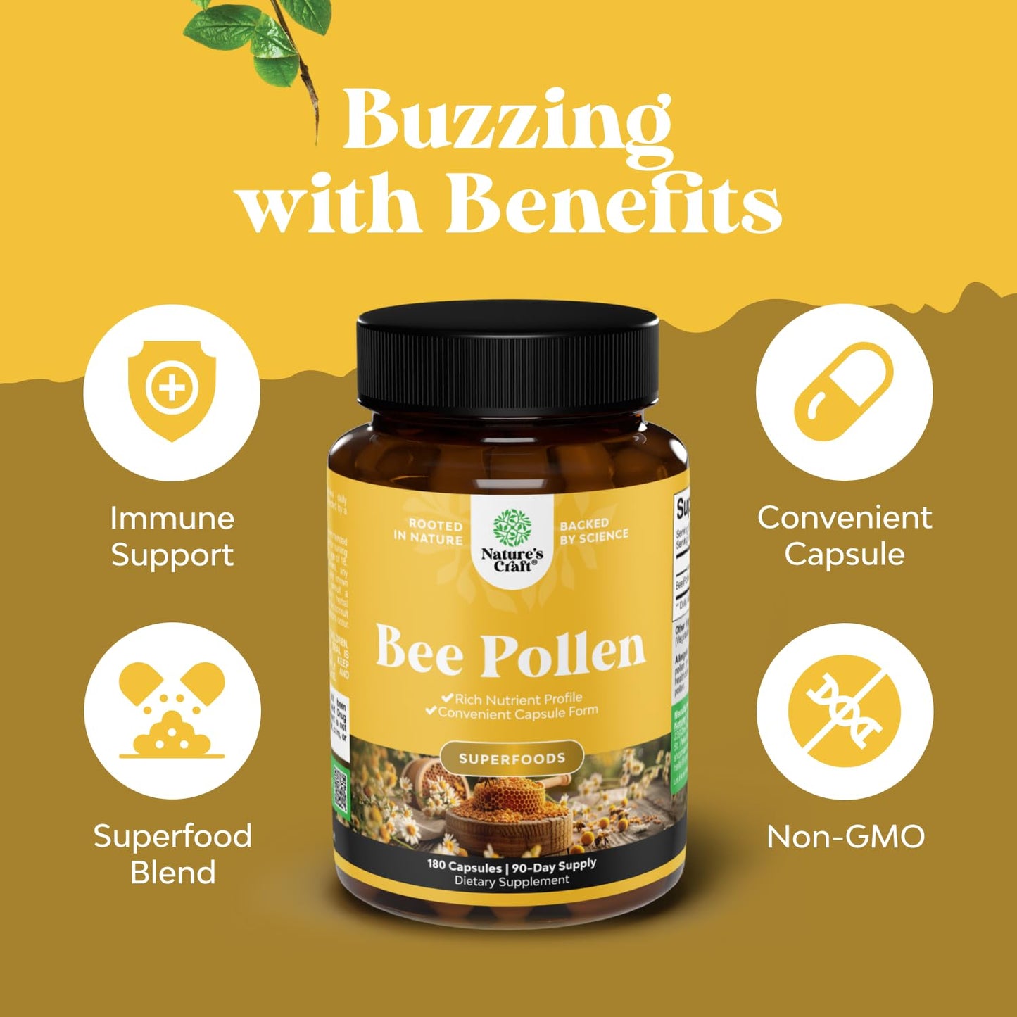 Bee Pollen Pills for Breast Growth - 180 Count, 1000mg | Bee Pollen Supplement with B Vitamins, Minerals & Enzymes | Vegetarian, Non-GMO & Gluten Free