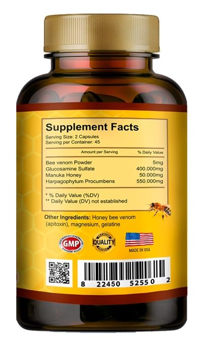 Premium Natural Bee Venom with Glucosamine Sulfate – 90 Capsules Pack of 2 | Joint Support & Manuka Honey