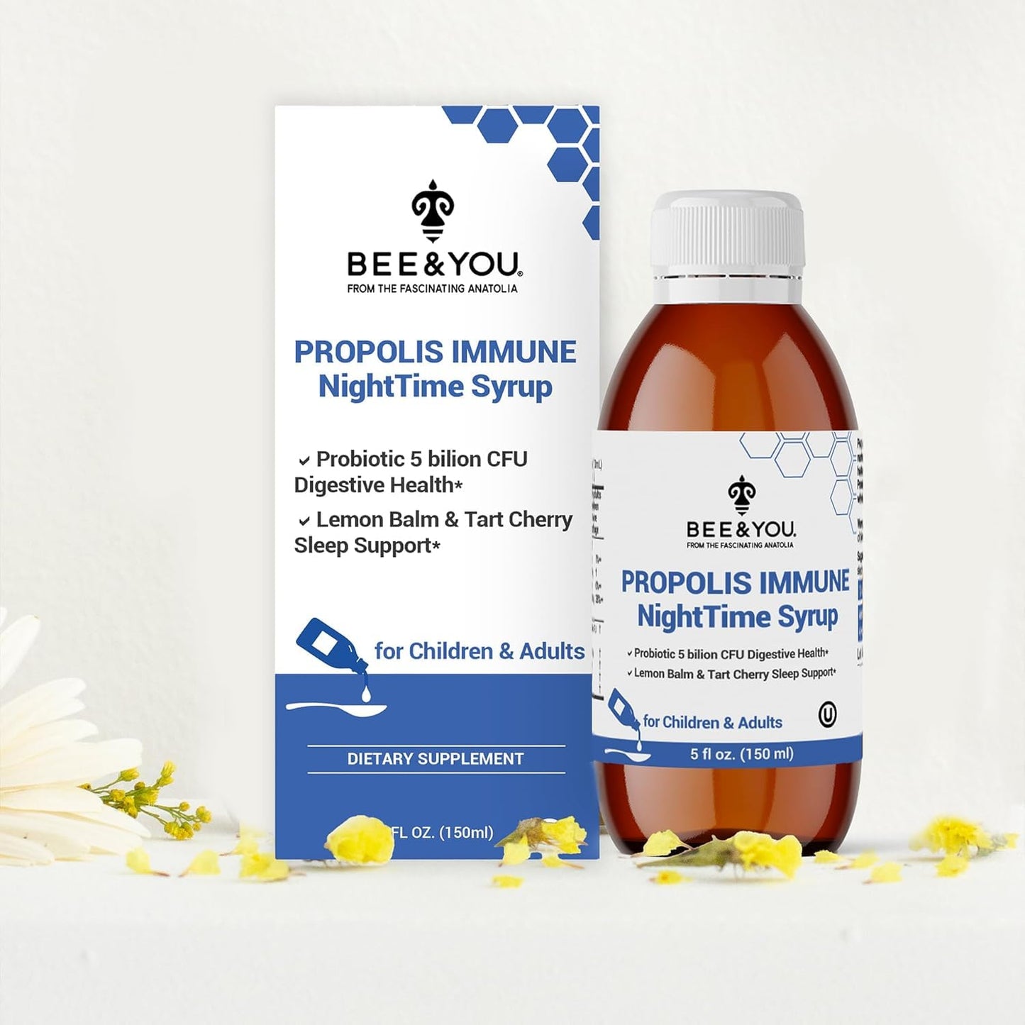 Bee and You Propolis Nighttime Syrup with Probiotic, Vitamin C, and Elderberry – Gentle Formula for Adults & Kids, 5 Fl Oz