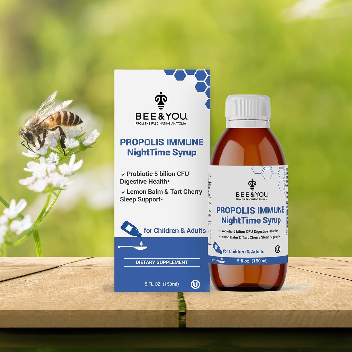 Bee and You Propolis Nighttime Syrup with Probiotic, Vitamin C, and Elderberry – Gentle Formula for Adults & Kids, 5 Fl Oz