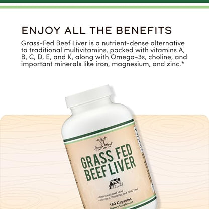 Beef Liver Capsules - 1,000mg Grass-Fed Desiccated Liver | 180 Capsules | 3-Month Supply | Double Wood