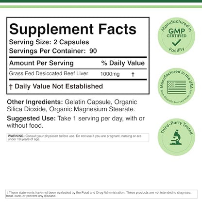 Beef Liver Capsules - 1,000mg Grass-Fed Desiccated Liver | 180 Capsules | 3-Month Supply | Double Wood