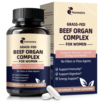 Female-Optimized Beef Organ Complex Superfood Supplement, Beef Liver, Kidney, Heart, Uterus & 6 More, Balance Hormones, Energy & Women's Overall Wellness, with Milk Thistle, Zinc, Grass-Fed, 60 Day