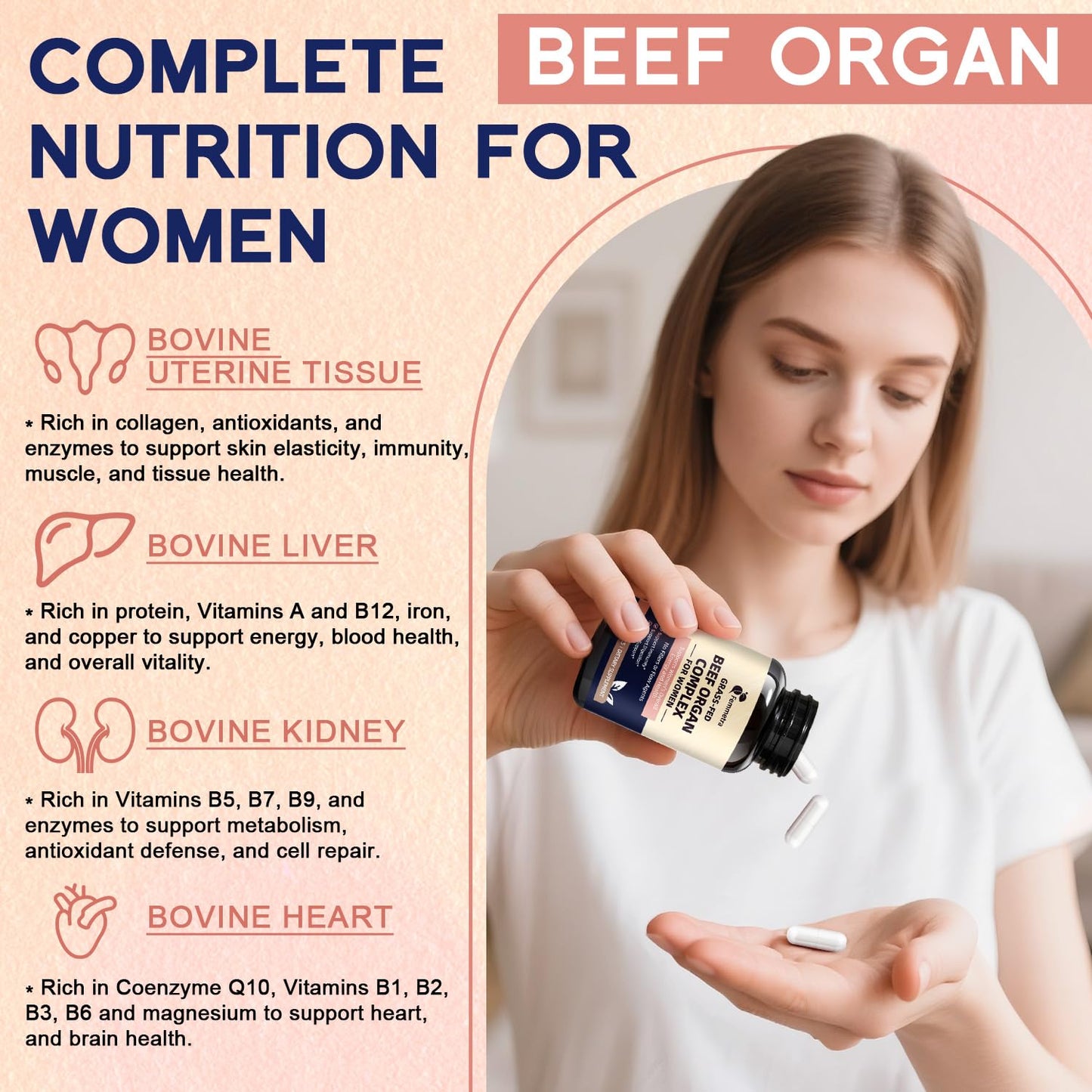 Female-Optimized Beef Organ Complex Superfood Supplement, Beef Liver, Kidney, Heart, Uterus & 6 More, Balance Hormones, Energy & Women's Overall Wellness, with Milk Thistle, Zinc, Grass-Fed, 60 Day