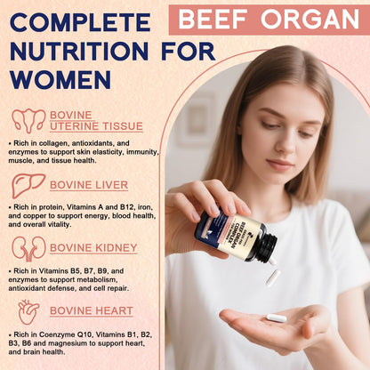 Female-Optimized Beef Organ Complex Superfood Supplement, Beef Liver, Kidney, Heart, Uterus & 6 More, Balance Hormones, Energy & Women's Overall Wellness, with Milk Thistle, Zinc, Grass-Fed, 60 Day