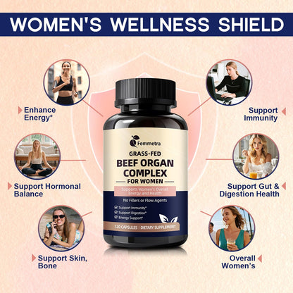 Female-Optimized Beef Organ Complex Superfood Supplement, Beef Liver, Kidney, Heart, Uterus & 6 More, Balance Hormones, Energy & Women's Overall Wellness, with Milk Thistle, Zinc, Grass-Fed, 60 Day