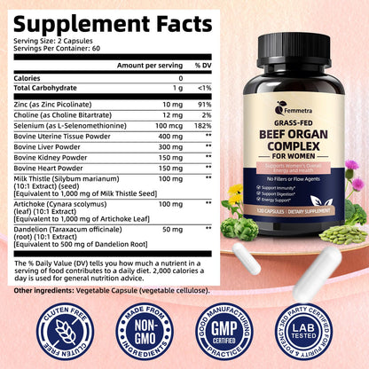 Female-Optimized Beef Organ Complex Superfood Supplement, Beef Liver, Kidney, Heart, Uterus & 6 More, Balance Hormones, Energy & Women's Overall Wellness, with Milk Thistle, Zinc, Grass-Fed, 60 Day