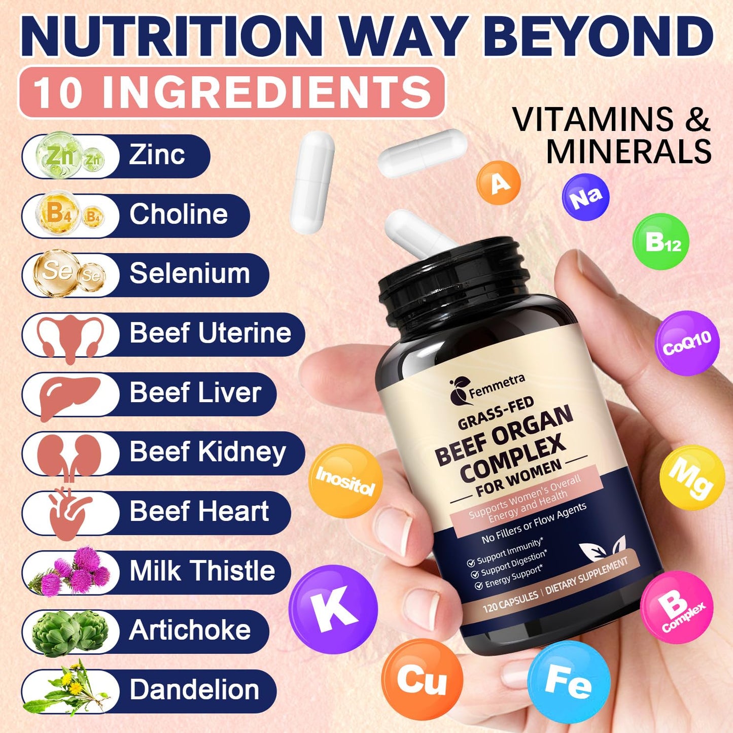 Female-Optimized Beef Organ Complex Superfood Supplement, Beef Liver, Kidney, Heart, Uterus & 6 More, Balance Hormones, Energy & Women's Overall Wellness, with Milk Thistle, Zinc, Grass-Fed, 60 Day
