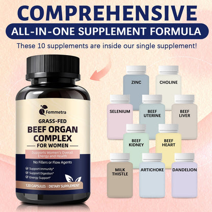 Female-Optimized Beef Organ Complex Superfood Supplement, Beef Liver, Kidney, Heart, Uterus & 6 More, Balance Hormones, Energy & Women's Overall Wellness, with Milk Thistle, Zinc, Grass-Fed, 60 Day
