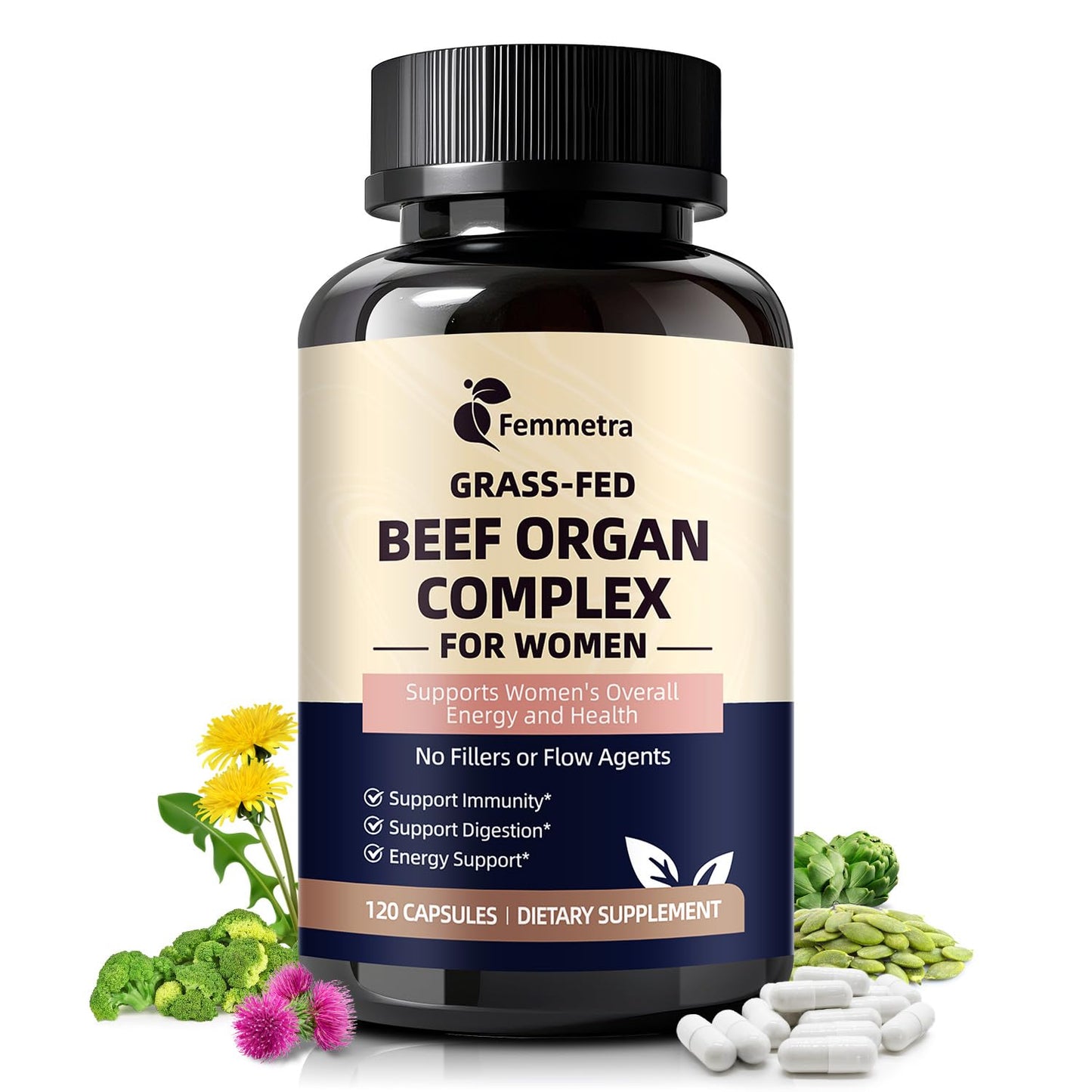 Female-Optimized Beef Organ Complex Superfood Supplement, Beef Liver, Kidney, Heart, Uterus & 6 More, Balance Hormones, Energy & Women's Overall Wellness, with Milk Thistle, Zinc, Grass-Fed, 60 Day
