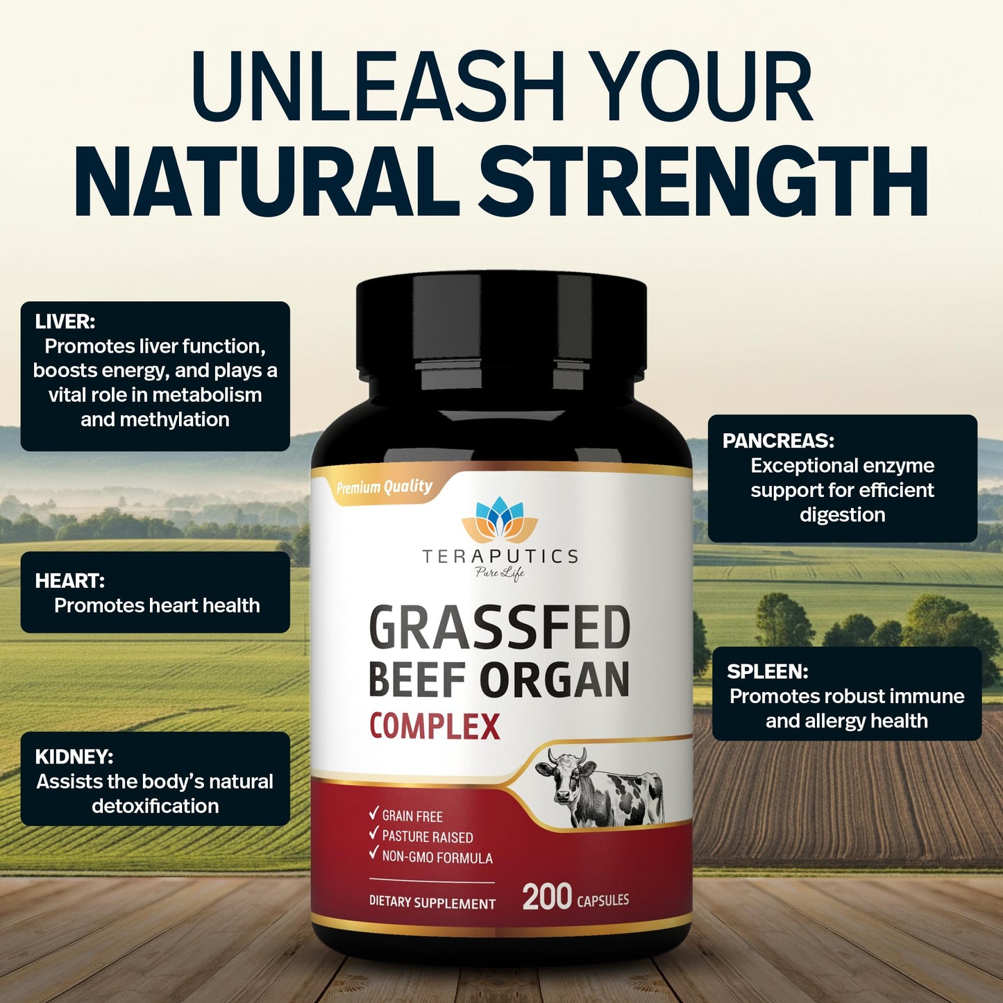 Premium Grass-Fed Beef Organ Supplement – Liver, Heart, Kidney, Pancreas & Spleen (200 Count)