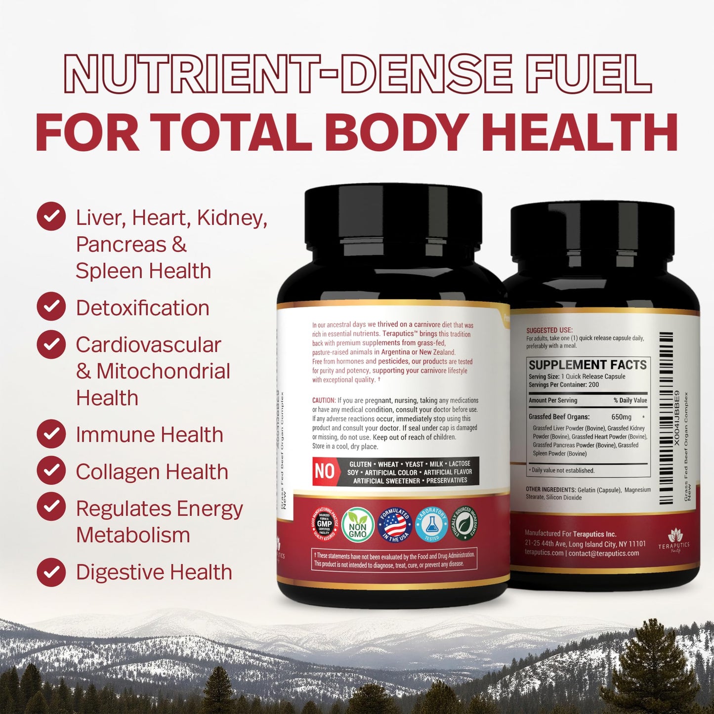Premium Grass-Fed Beef Organ Supplement – Liver, Heart, Kidney, Pancreas & Spleen (200 Count)