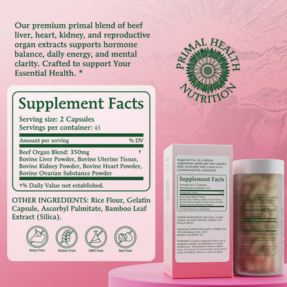 Beef Organ Supplement for Women - Primal Health Blend Capsules | 90 Capsules