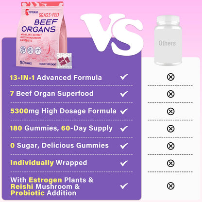 Beef Organ Supplement for Women – 180 Gummies, Grass-Fed 5300mg Liver & More