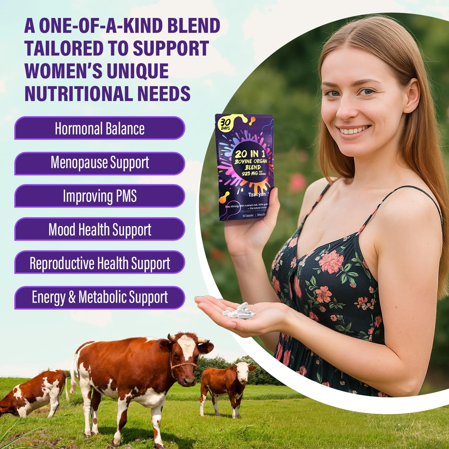 20-In-1 Beef Organ Supplement for Women – 925MG Grass-Fed Liver, Uterus & Ovary + 3 More | Hormone Balance & Energy