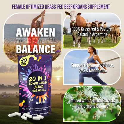 20-In-1 Beef Organ Supplement for Women – 925MG Grass-Fed Liver, Uterus & Ovary + 3 More | Hormone Balance & Energy