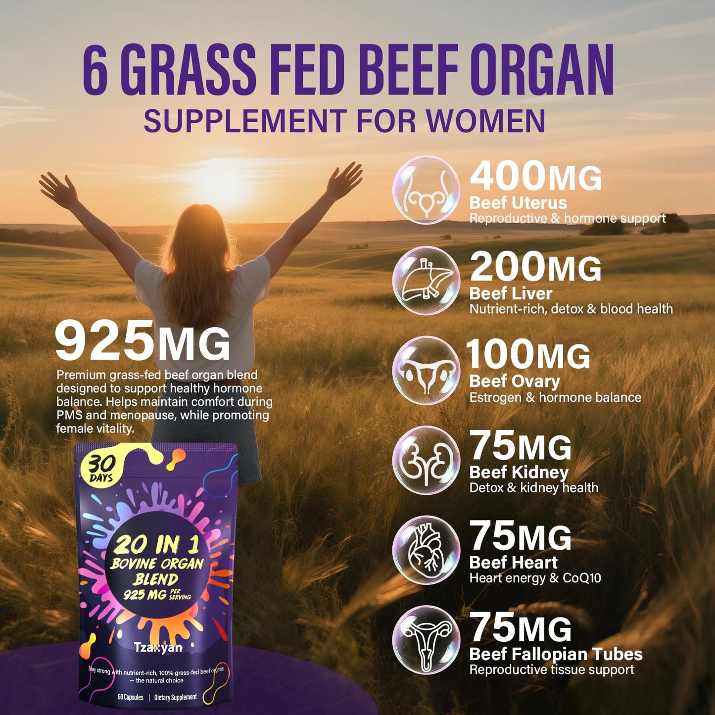 20-In-1 Beef Organ Supplement for Women – 925MG Grass-Fed Liver, Uterus & Ovary + 3 More | Hormone Balance & Energy