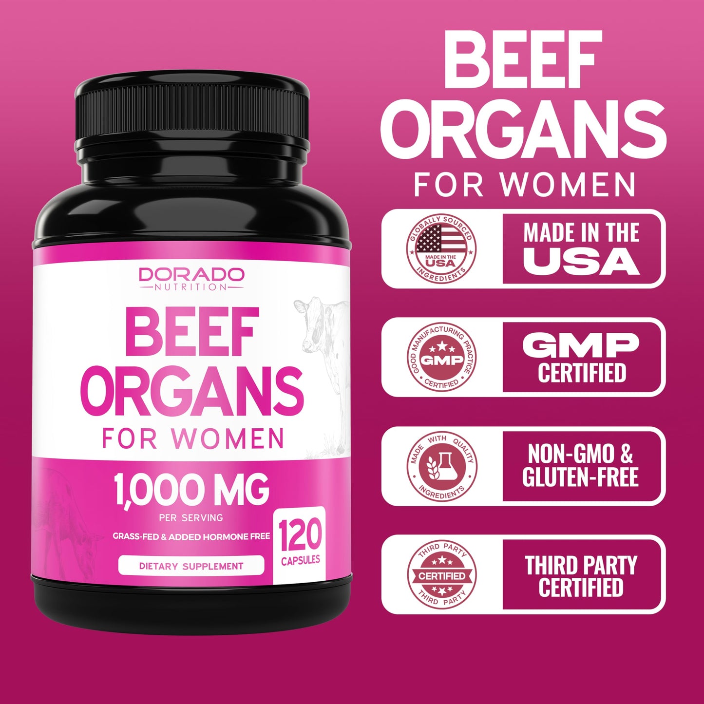 Beef Organ for Women - Grass-Fed Liver, Heart, Kidney & Uterus | 1000mg | 120 Capsules | USA Made