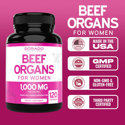 Beef Organ for Women - Grass-Fed Liver, Heart, Kidney & Uterus | 1000mg | 120 Capsules | USA Made