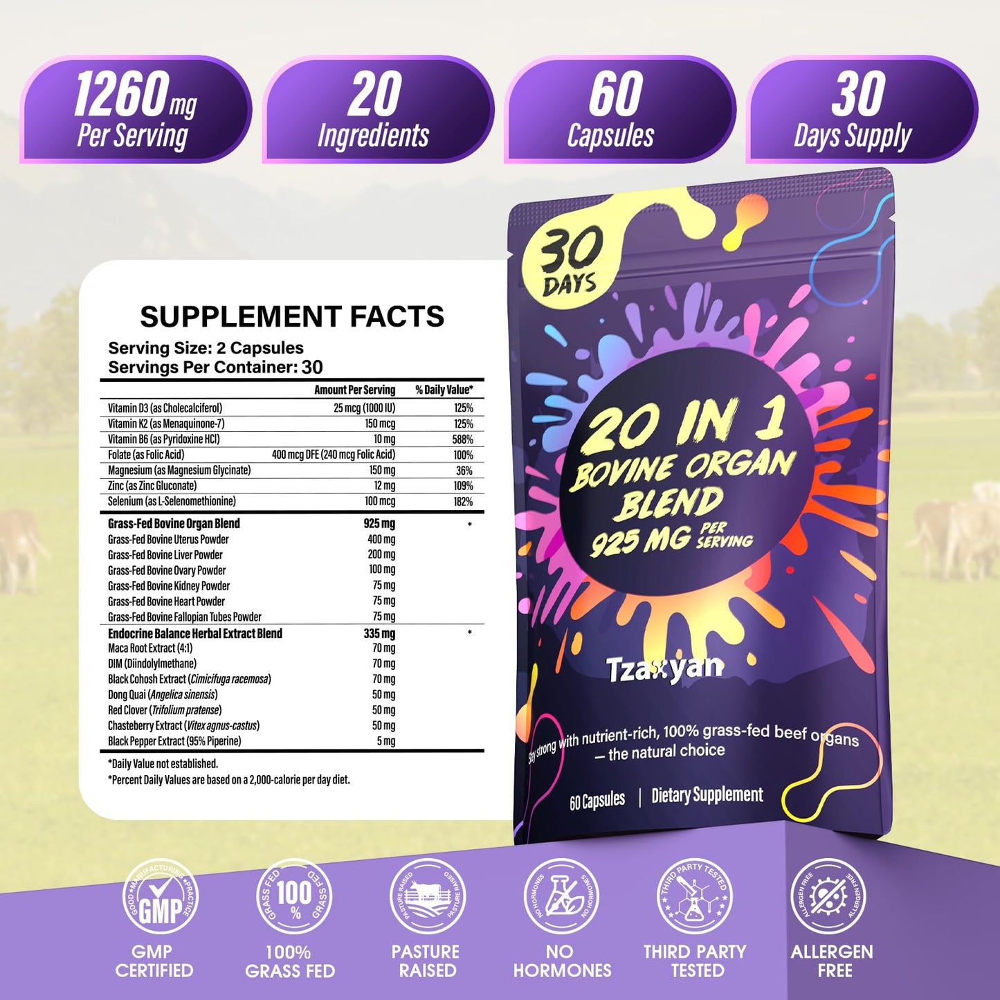20-In-1 Beef Organ Supplement for Women – 925MG Grass-Fed Liver, Uterus & Ovary + 3 More | Hormone Balance & Energy