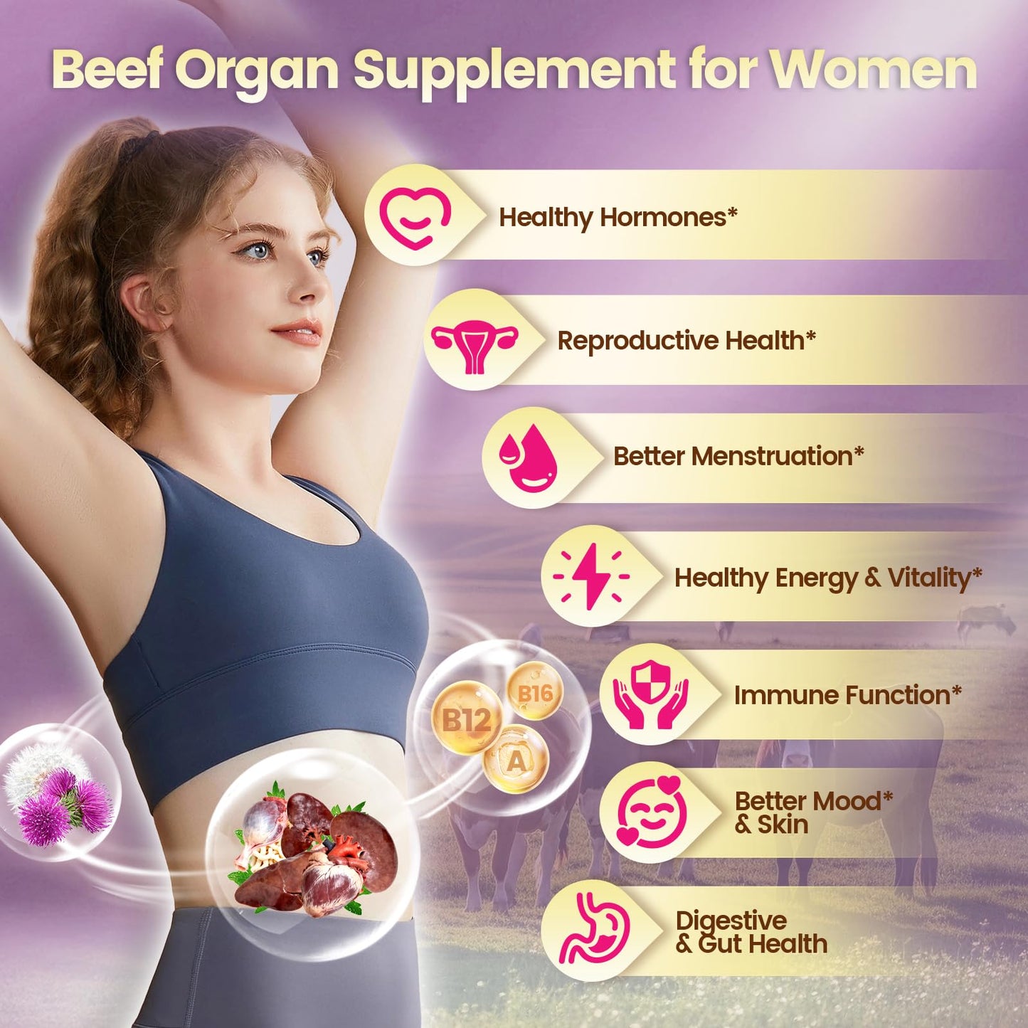 Beef Organ Supplement for Women - 100 Day Supply | 11,000mg per Serving | Grass-Fed