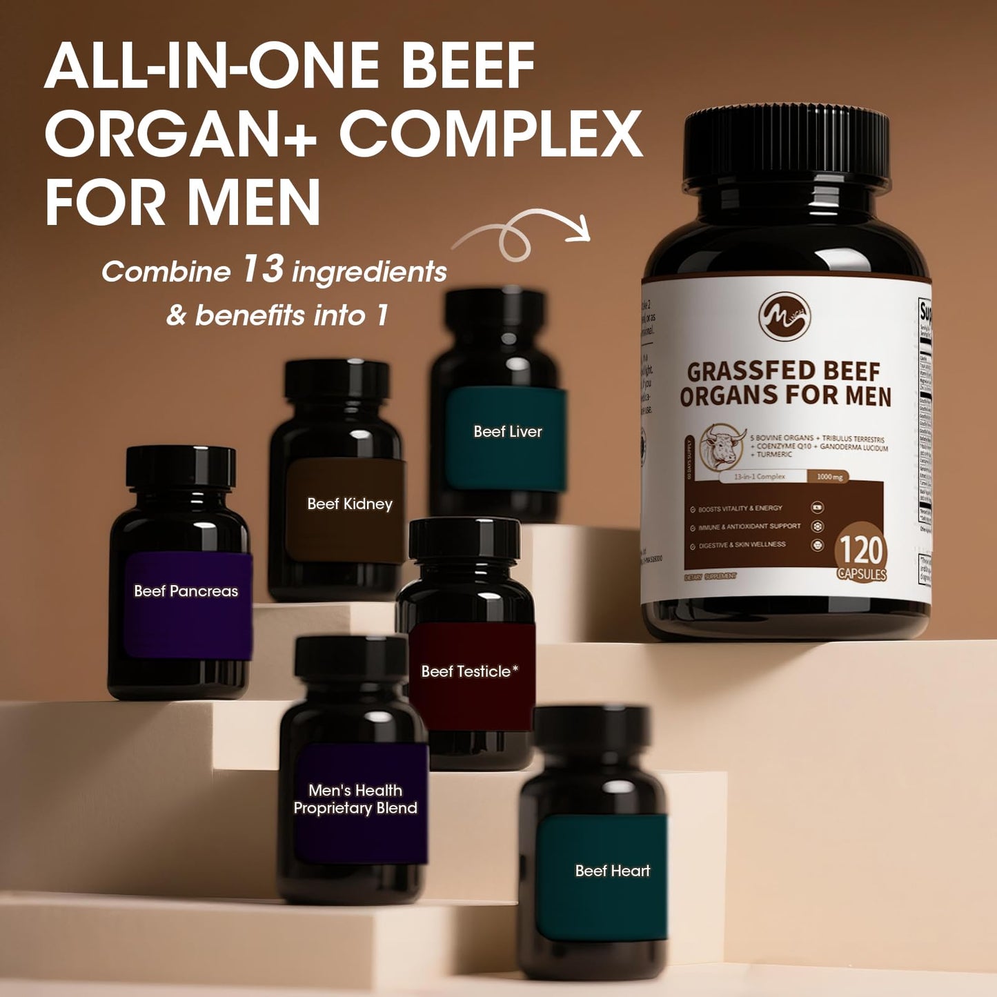 Beef Organs Supplement for Men – 13-in-1 Grass-Fed Beef Organs, Tribulus Terrestris, CoQ10, Ganoderma | 120 Count