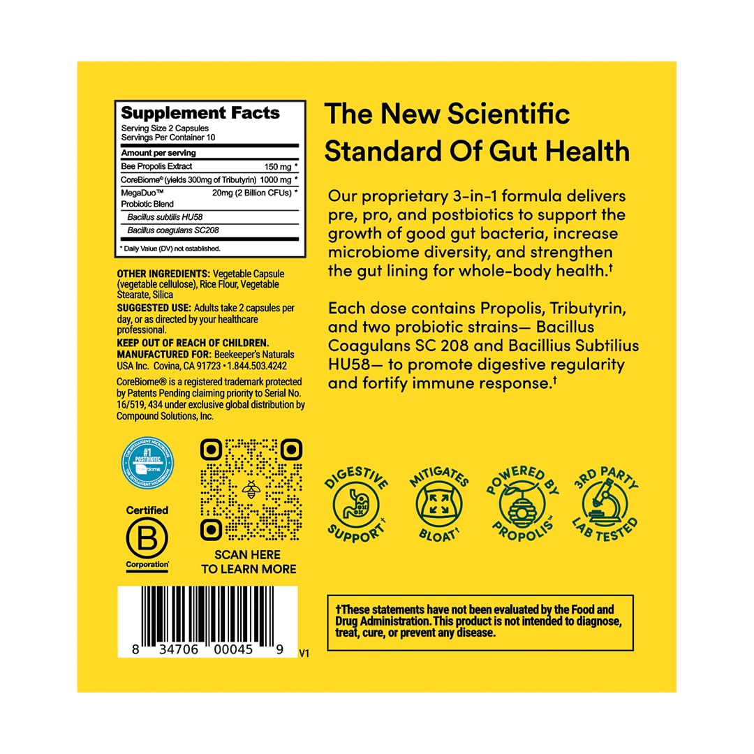 Beekeeper's Naturals Complete Gut Health – 3-in-1 Probiotic, Prebiotic & Postbiotic (Gluten-Free, 20ct)