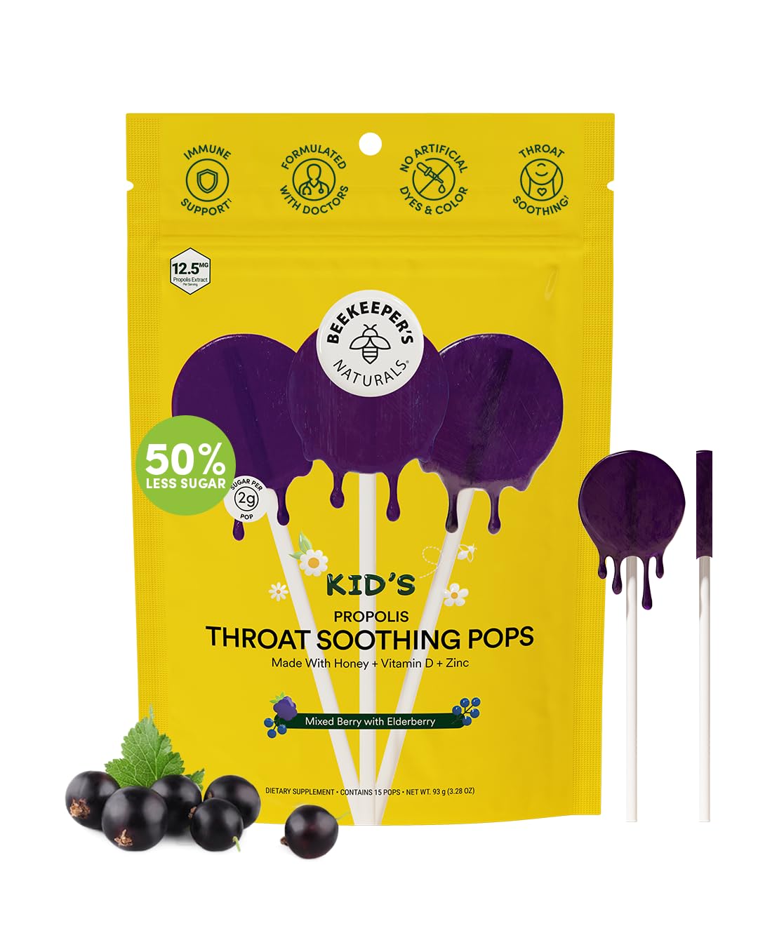 Beekeeper's Naturals Kids Throat Soothing Lollipops – Mixed Berry & Elderberry, Doctor-Formulated Immune Support, Vitamin D & Honey, 15 ct