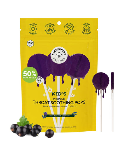 Beekeeper's Naturals Kids Throat Soothing Lollipops – Mixed Berry & Elderberry, Doctor-Formulated Immune Support, Vitamin D & Honey, 15 ct