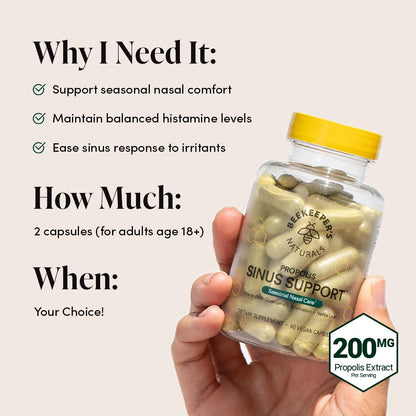 Beekeeper's Naturals Sinus Support — Propolis, Quercetin, Bromelain & Nettle (60 ct)