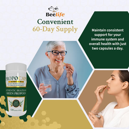 Beelife Green Propolis Capsules - 100% Green Propolis & Bee Pollen - Brazilian Propolis Extract - ISO 22000, Kosher - 120 Capsules
