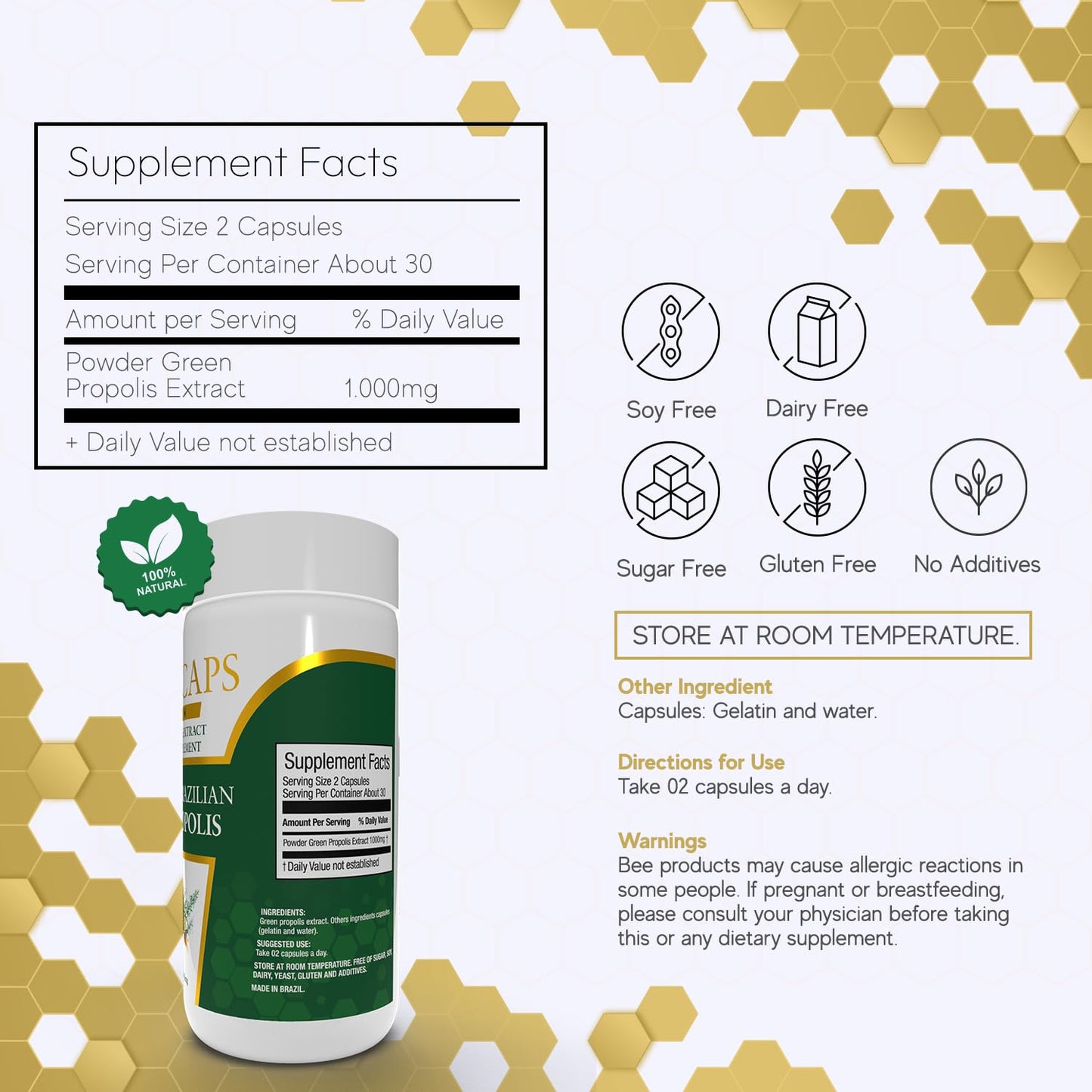 Beelife Green Propolis Capsules - 100% Green Propolis & Bee Pollen - Brazilian Propolis Extract - ISO 22000, Kosher - 120 Capsules