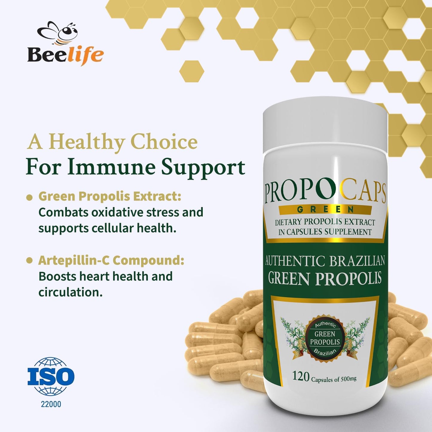 Beelife Green Propolis Capsules - 100% Green Propolis & Bee Pollen - Brazilian Propolis Extract - ISO 22000, Kosher - 120 Capsules