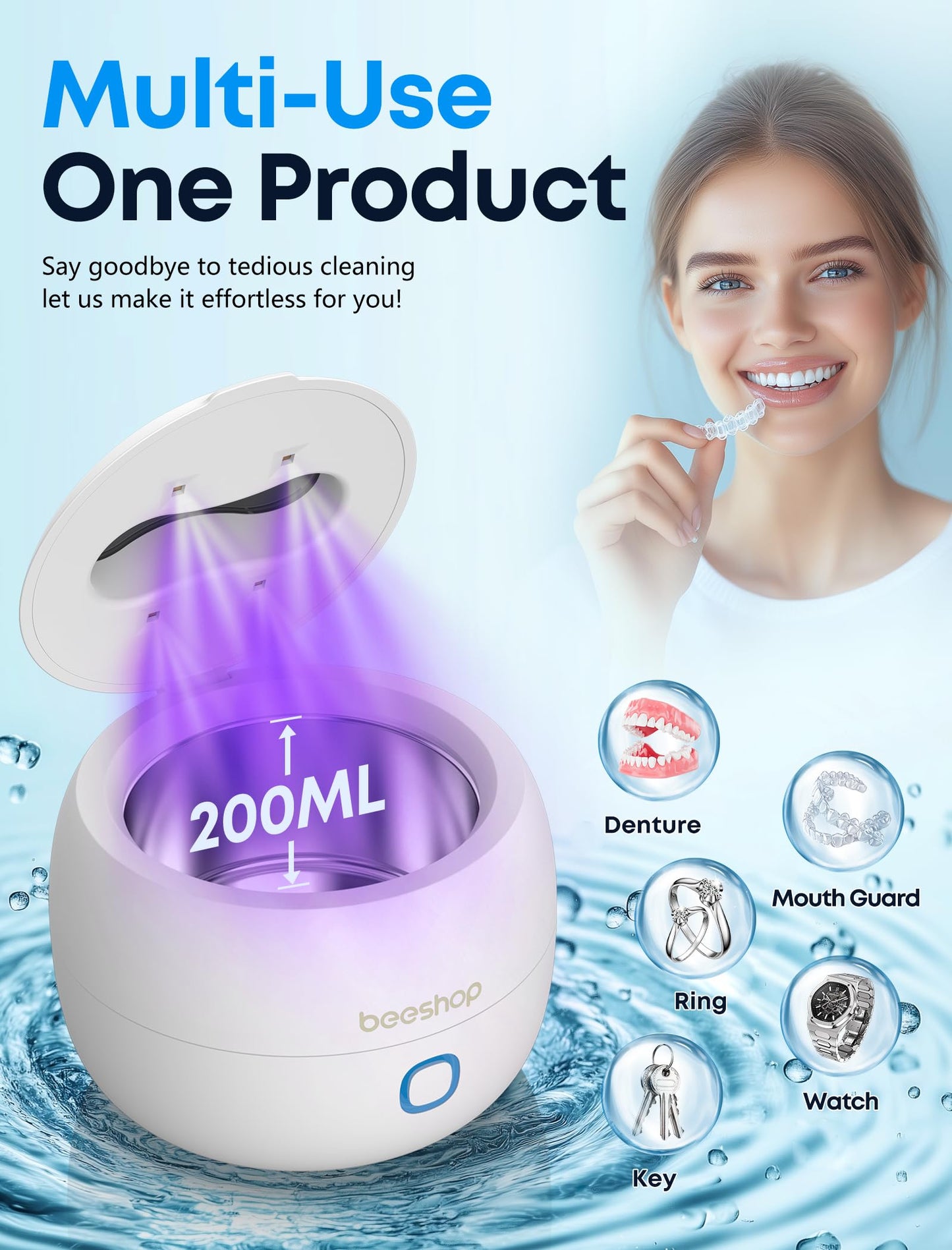 BEESHOP 2025 Ultrasonic Retainer Cleaner – 45kHz, 200ml, 3 Modes