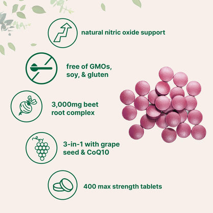 Beet Root 3,000mg with Grape Seed Extract & CoQ10 | 400 Tablets (200 Servings) | Super Beets
