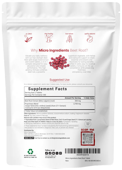 Beet Root 3,000mg with Grape Seed Extract & CoQ10 | 400 Tablets (200 Servings) | Super Beets