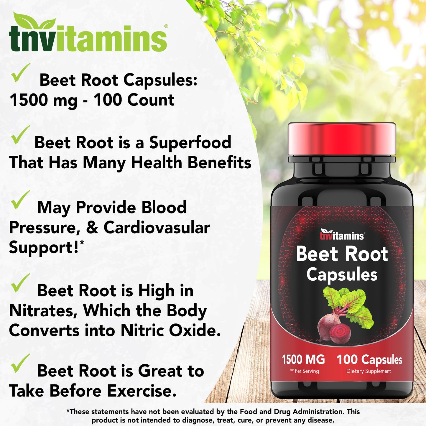 Beet Root Capsules 1500 Mg - 100 Capsules | Beet Root Powder Extract Capsules | Non-GMO & Gluten-Free | Produced in The USA | TNVitamins