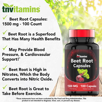 Beet Root Capsules 1500 Mg - 100 Capsules | Beet Root Powder Extract Capsules | Non-GMO & Gluten-Free | Produced in The USA | TNVitamins