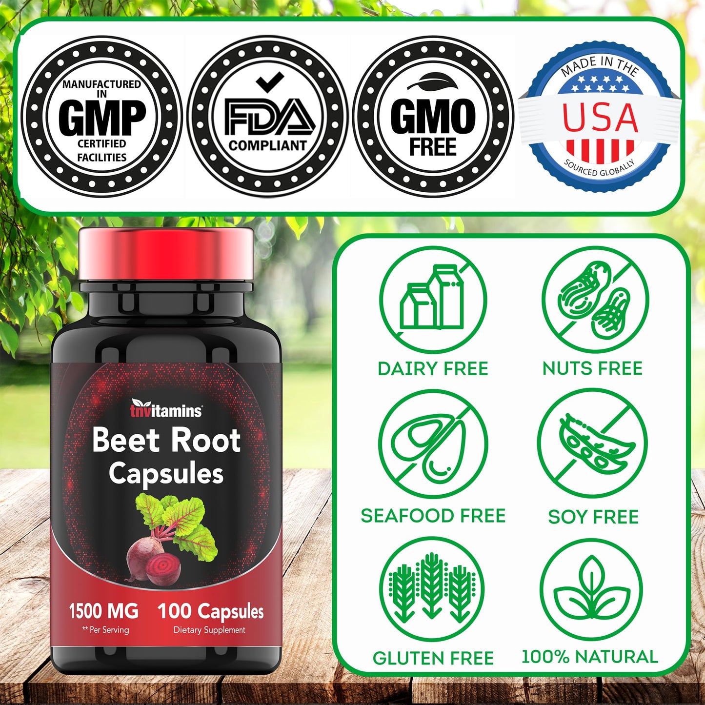 Beet Root Capsules 1500 Mg - 100 Capsules | Beet Root Powder Extract Capsules | Non-GMO & Gluten-Free | Produced in The USA | TNVitamins
