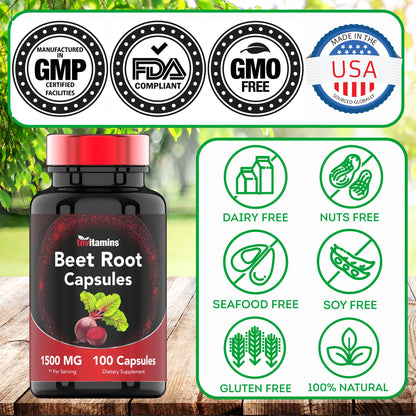 Beet Root Capsules 1500 Mg - 100 Capsules | Beet Root Powder Extract Capsules | Non-GMO & Gluten-Free | Produced in The USA | TNVitamins