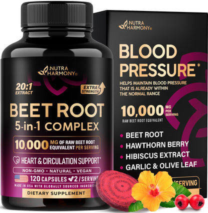 Beet Root Capsules - Heart Health & Blood Pressure Support | Hawthorn Berry, Hibiscus & Garlic - USA Made, 120 Capsules