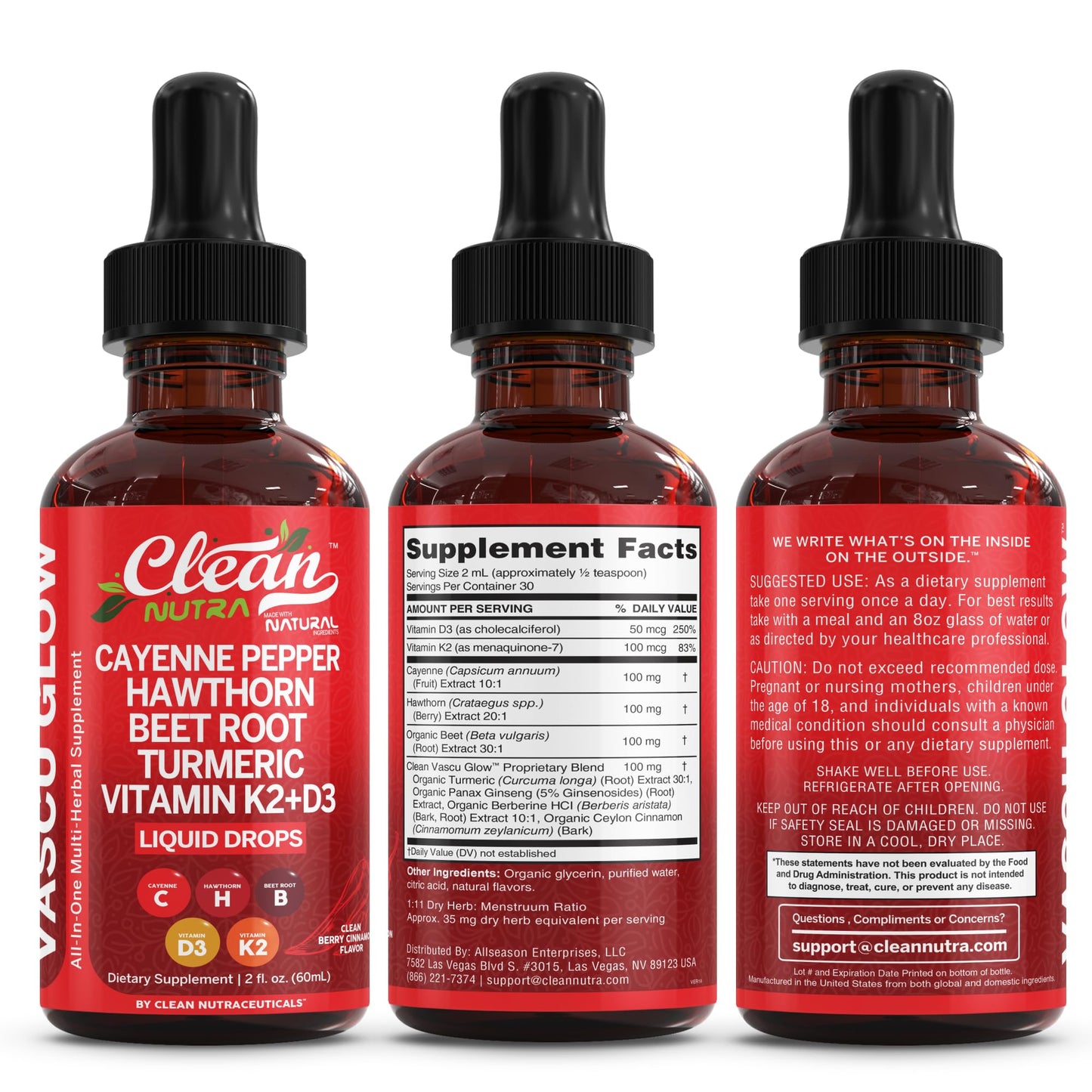 Clean Nutra Vascu Glow All-in-One: Cayenne Pepper Drops + Hawthorn Berry