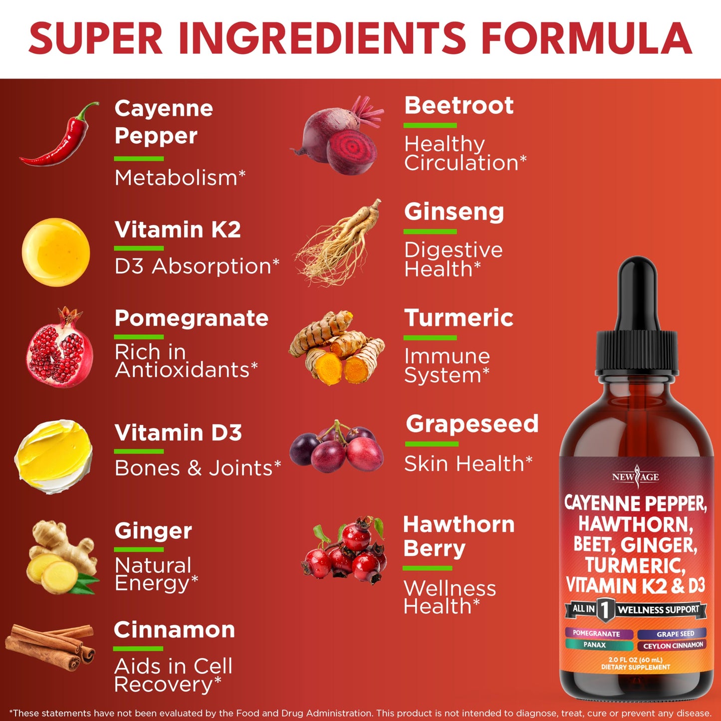 Cayenne Pepper Liquid Drops with Hawthorn Berry, D3 K2, Beet Root Powder, Cinnamon, Turmeric & Ginseng - 2oz