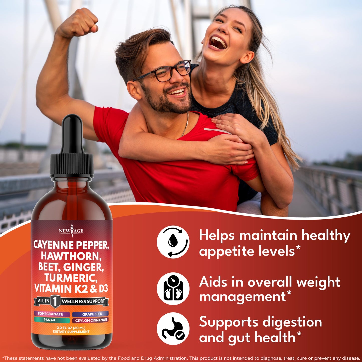Cayenne Pepper Liquid Drops with Hawthorn Berry, D3 K2 - 4oz