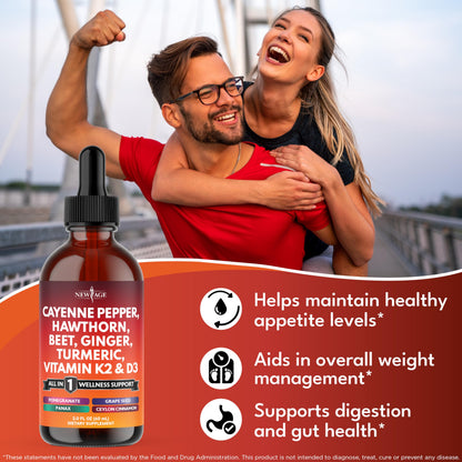 Cayenne Pepper Liquid Drops with Hawthorn Berry, D3 K2 - 4oz